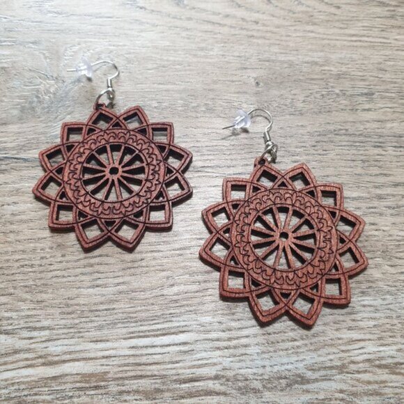 Handcrafted Wooden Mandala Earrings Laser Cut Design Hooks Boho Jewelry Women - Picture 1 of 4